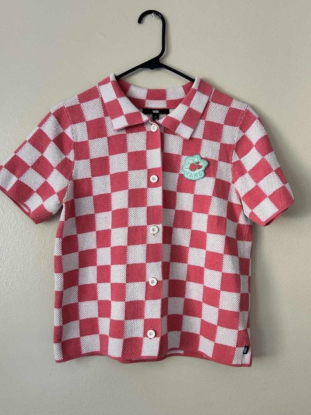 Vans Pink White Checkered Knit Polo Shirt & Shorts Matching Set Women Size M